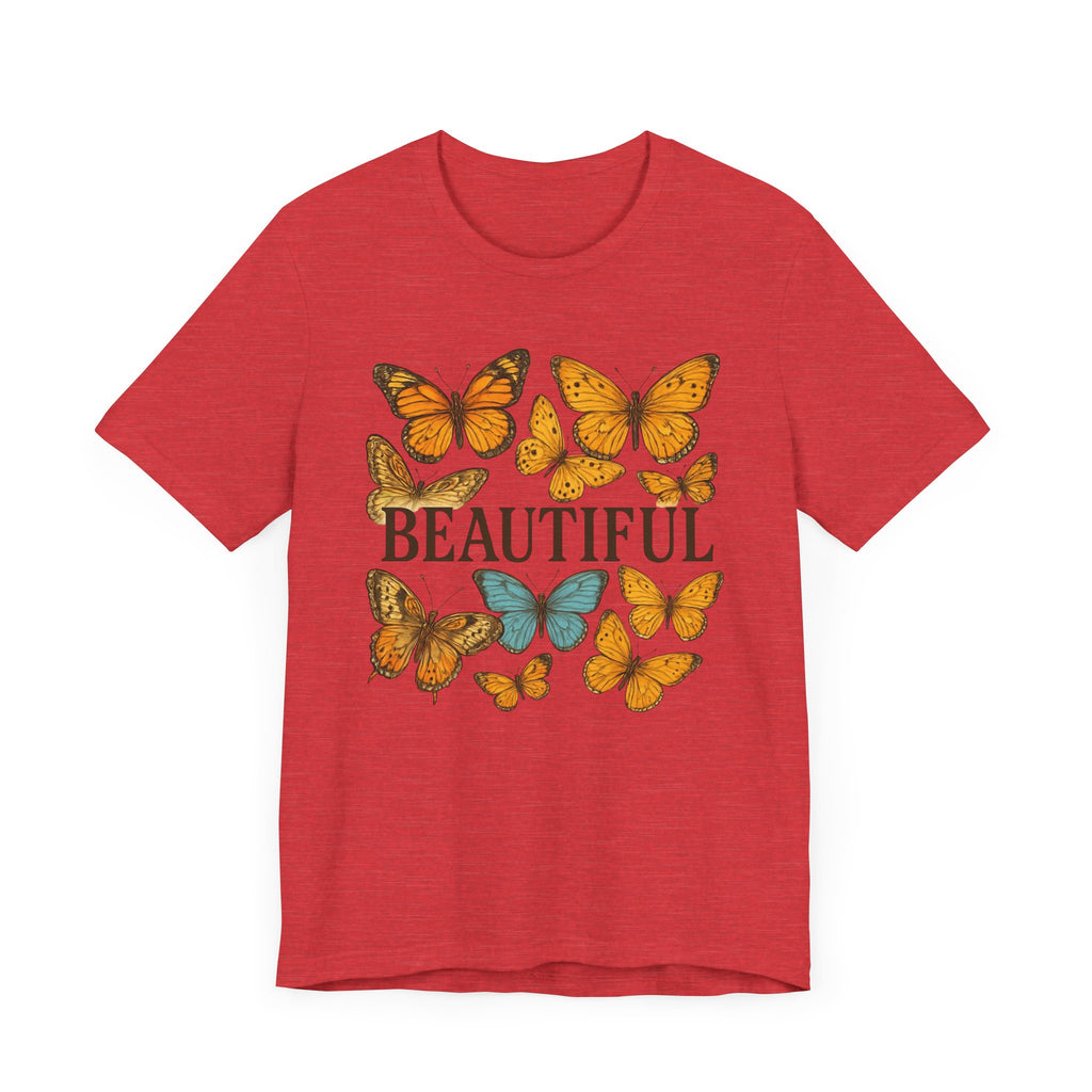 T-Shirt - 'BEAUTIFUL' Yellow Butterfly Design Short Sleeve Tee