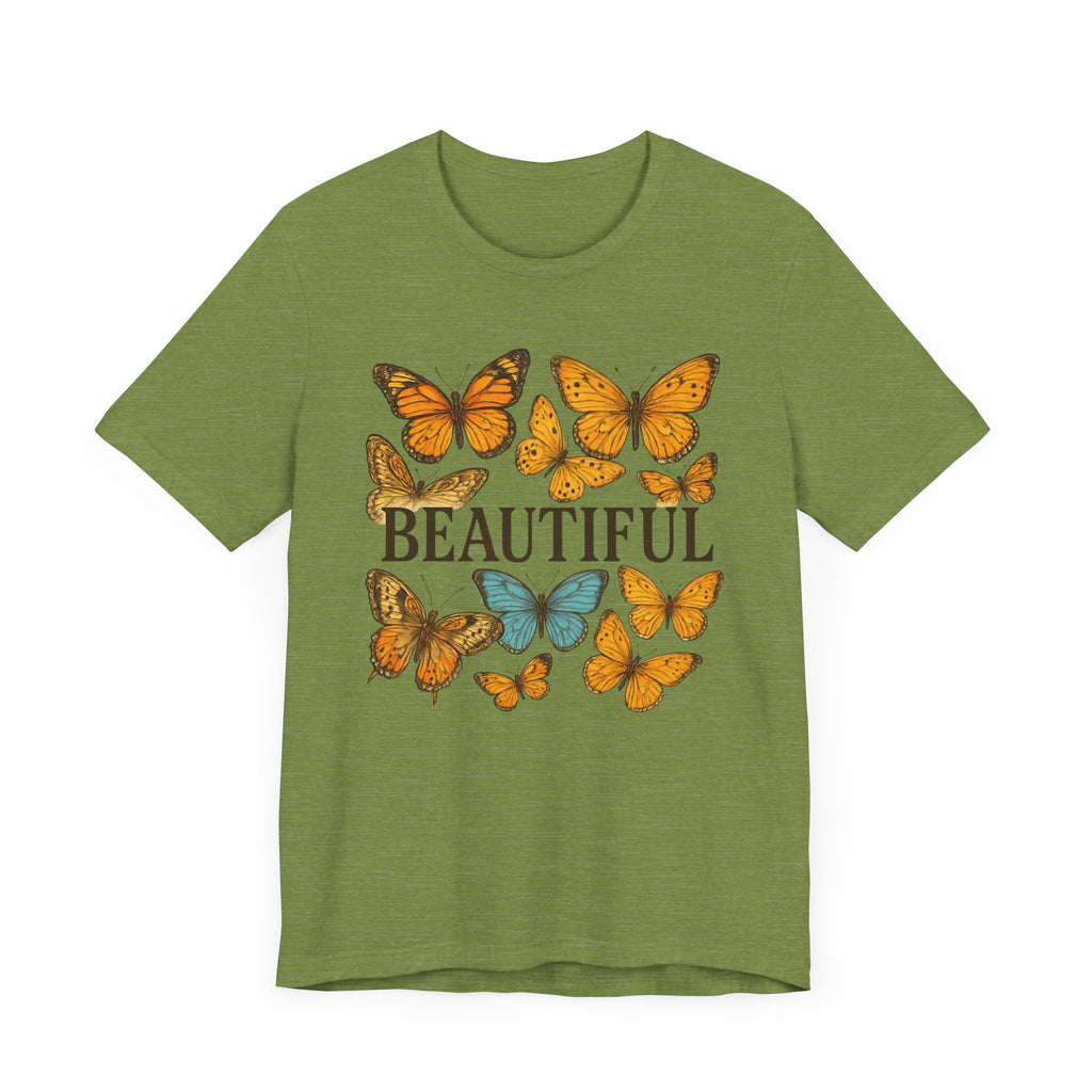 T-Shirt - 'BEAUTIFUL' Yellow Butterfly Design Short Sleeve Tee