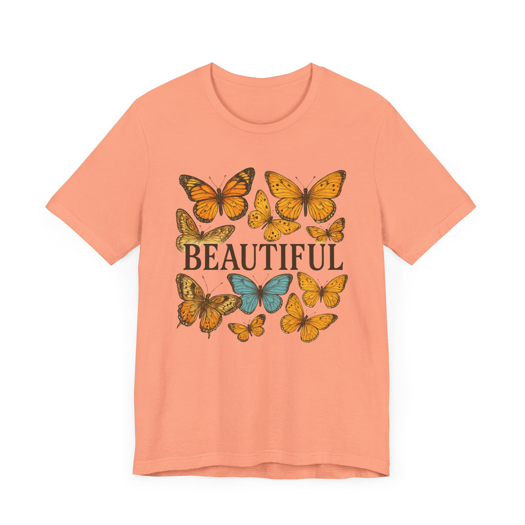 T-Shirt - 'BEAUTIFUL' Yellow Butterfly Design Short Sleeve Tee