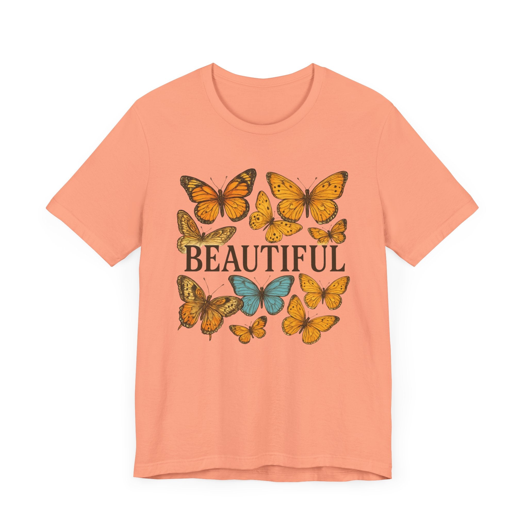 T-Shirt - 'BEAUTIFUL' Yellow Butterfly Design Short Sleeve Tee