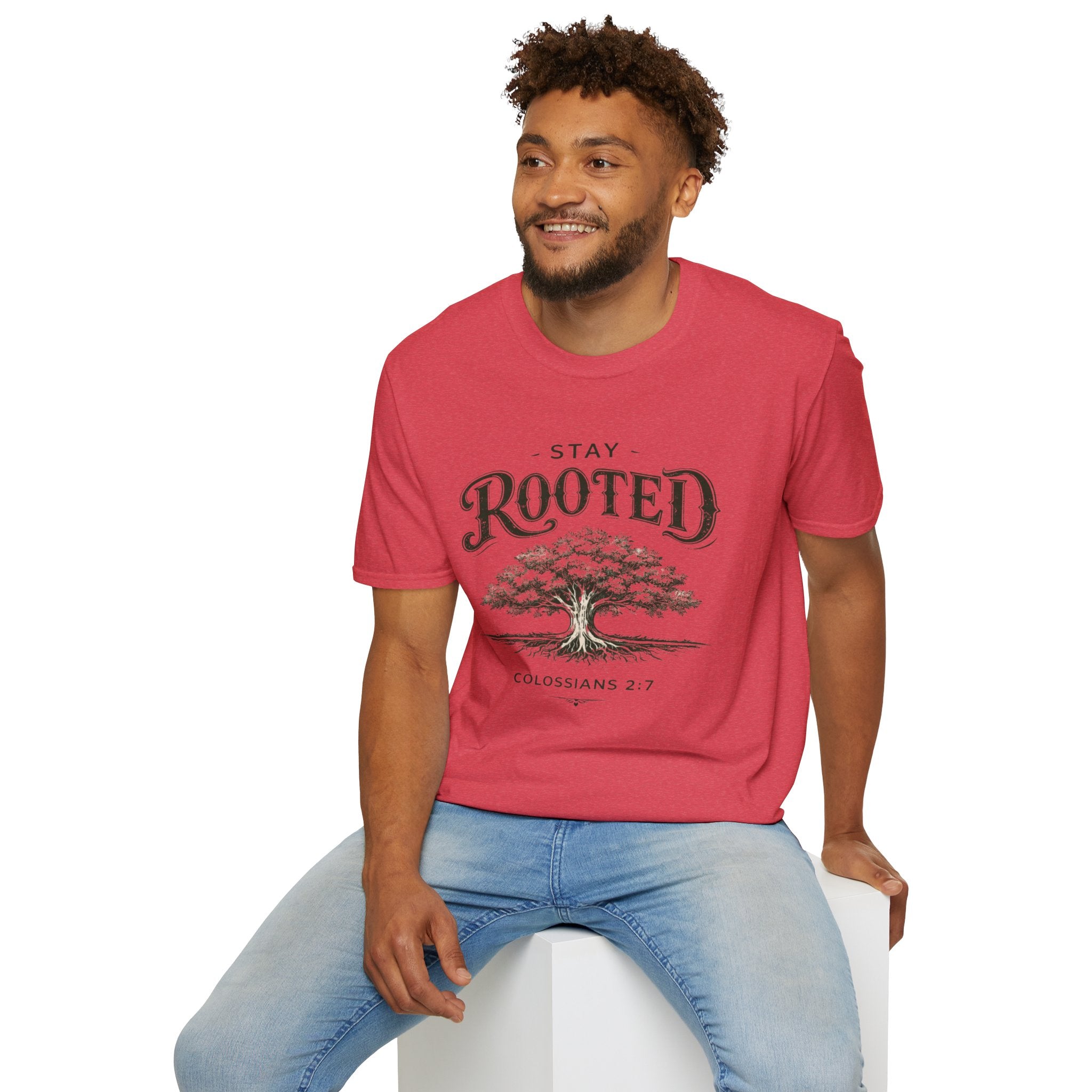 Stay Rooted Tree T-Shirt — Colossians 2:7 Scripture Tee