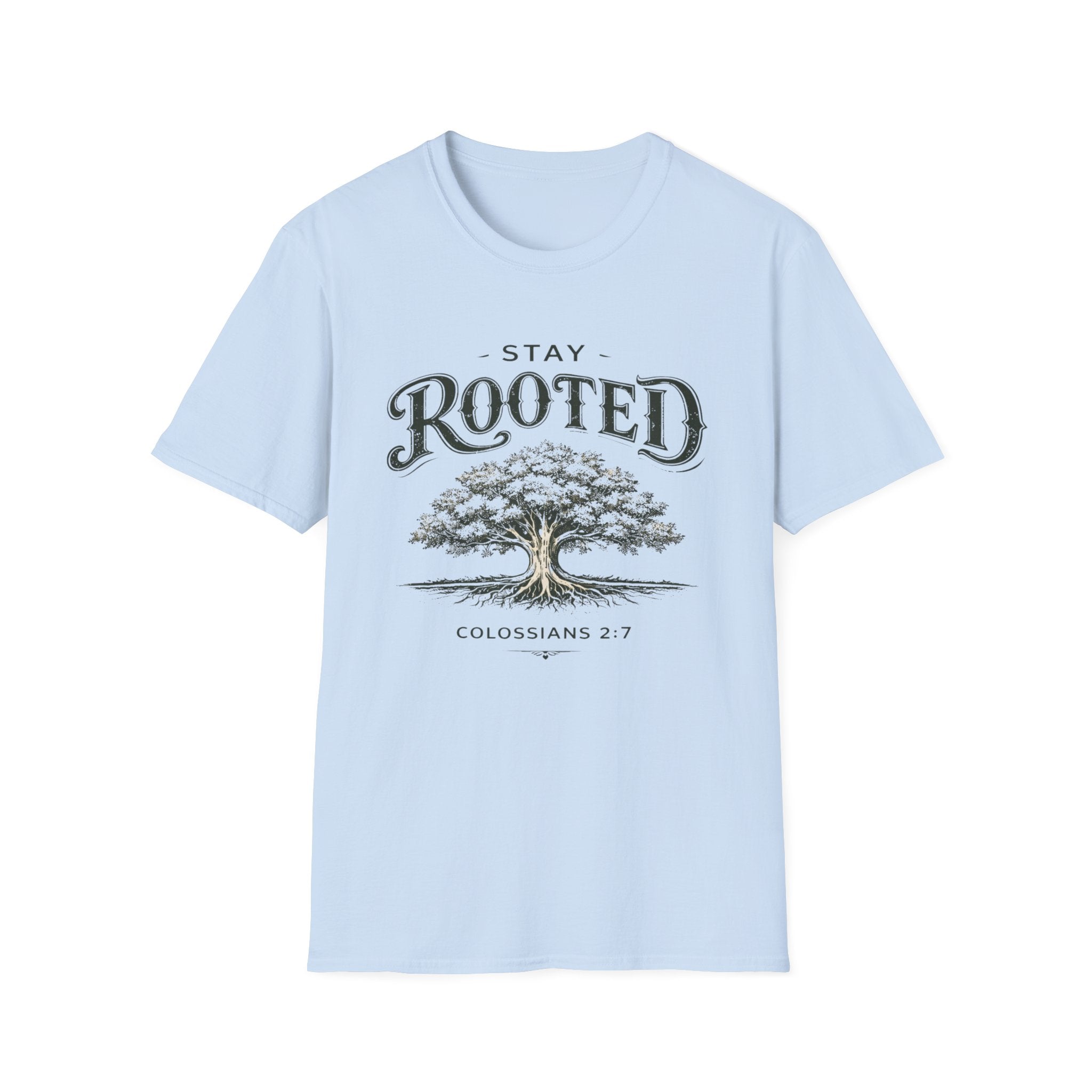 Stay Rooted Tree T-Shirt — Colossians 2:7 Scripture Tee