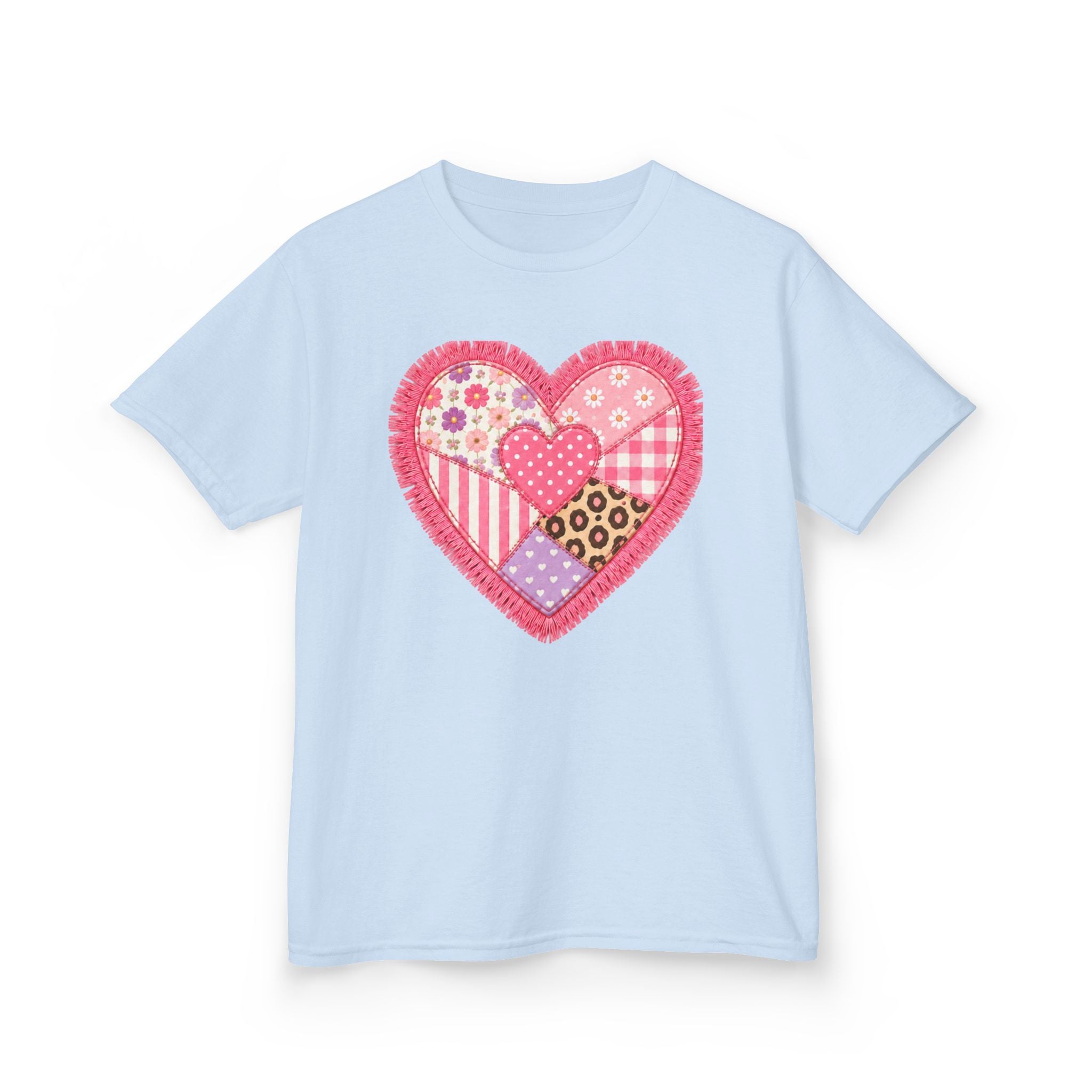 Patchwork Heart Girls’ Tee – Sweet Mixed-Print Heart Shirt