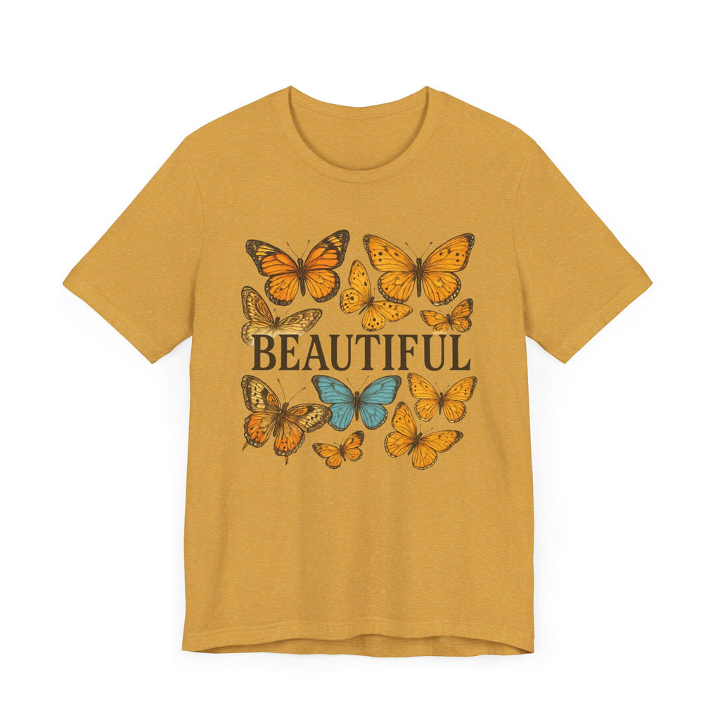 T-Shirt - 'BEAUTIFUL' Yellow Butterfly Design Short Sleeve Tee