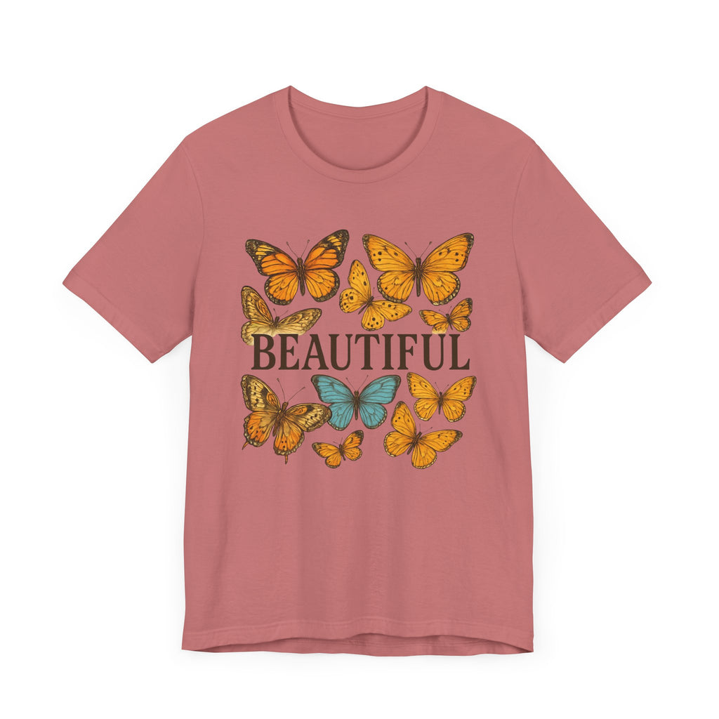 T-Shirt - 'BEAUTIFUL' Yellow Butterfly Design Short Sleeve Tee