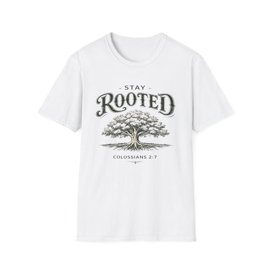 Stay Rooted Tree T-Shirt — Colossians 2:7 Scripture Tee
