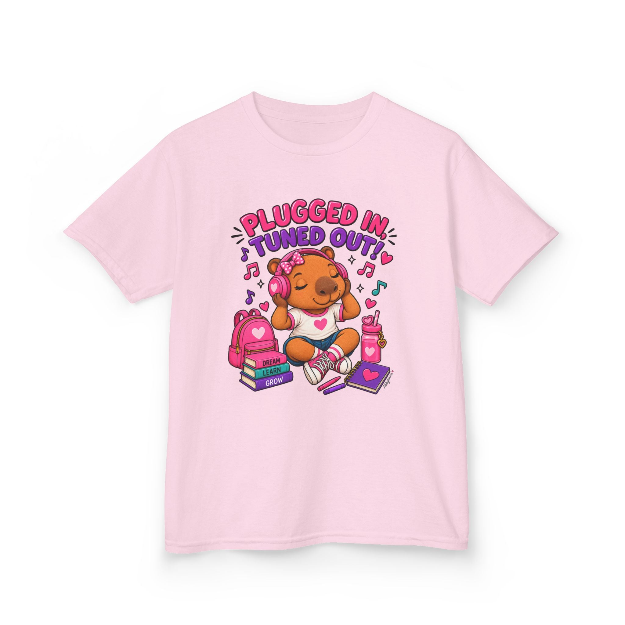 Abbybara™ “Plugged In, Tuned Out” Girls T-Shirt | Cute Capybara School Shirt | Back-to-School Graphic Tee