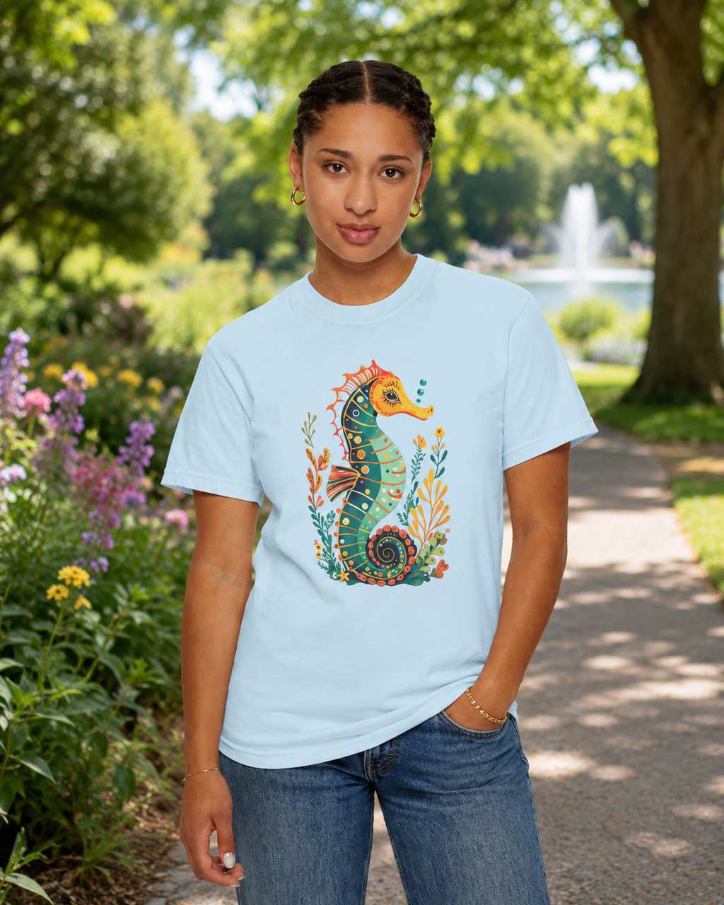 Seahorse Floral T-Shirt — Colorful Ocean Illustration Tee