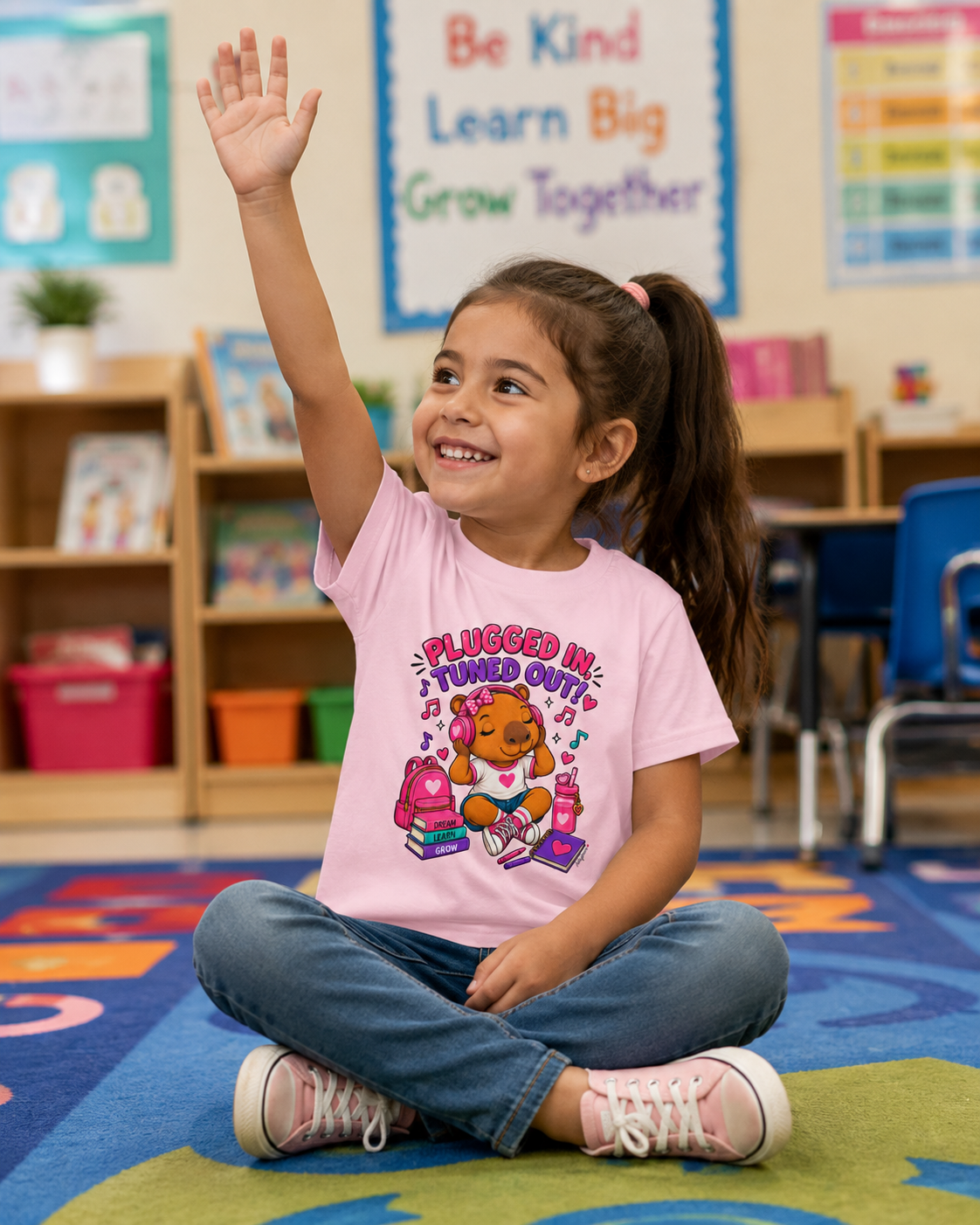 Abbybara™ “Plugged In, Tuned Out” Girls T-Shirt | Cute Capybara School Shirt | Back-to-School Graphic Tee