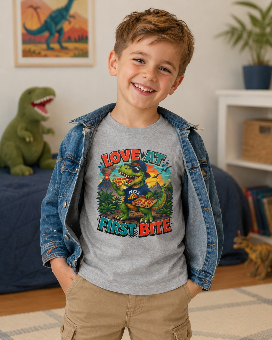 Love at First Bite Dinosaur Pizza Kids T-Shirt