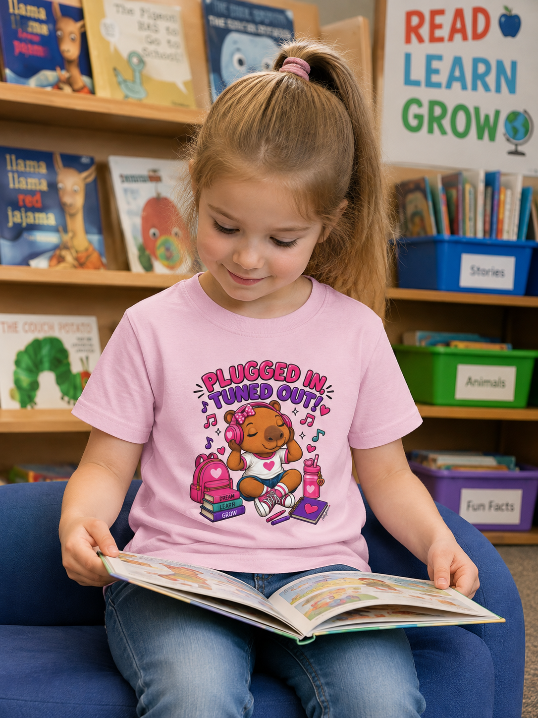 Abbybara™ “Plugged In, Tuned Out” Girls T-Shirt | Cute Capybara School Shirt | Back-to-School Graphic Tee