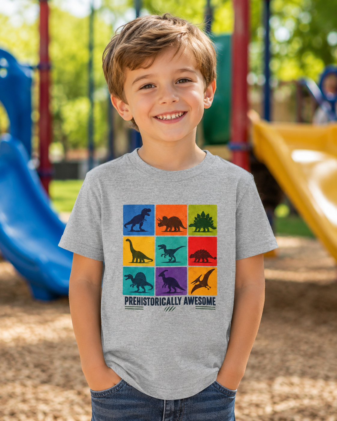 Kids- Prehistorically Awesome™ Dinosaur T-Shirt – Colorful Dino