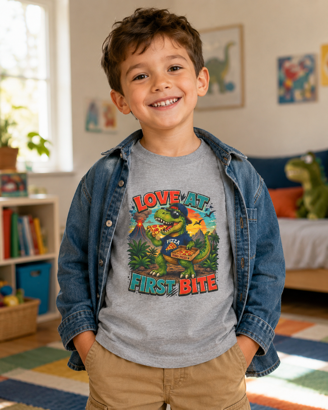 Love at First Bite Dinosaur Pizza Kids T-Shirt