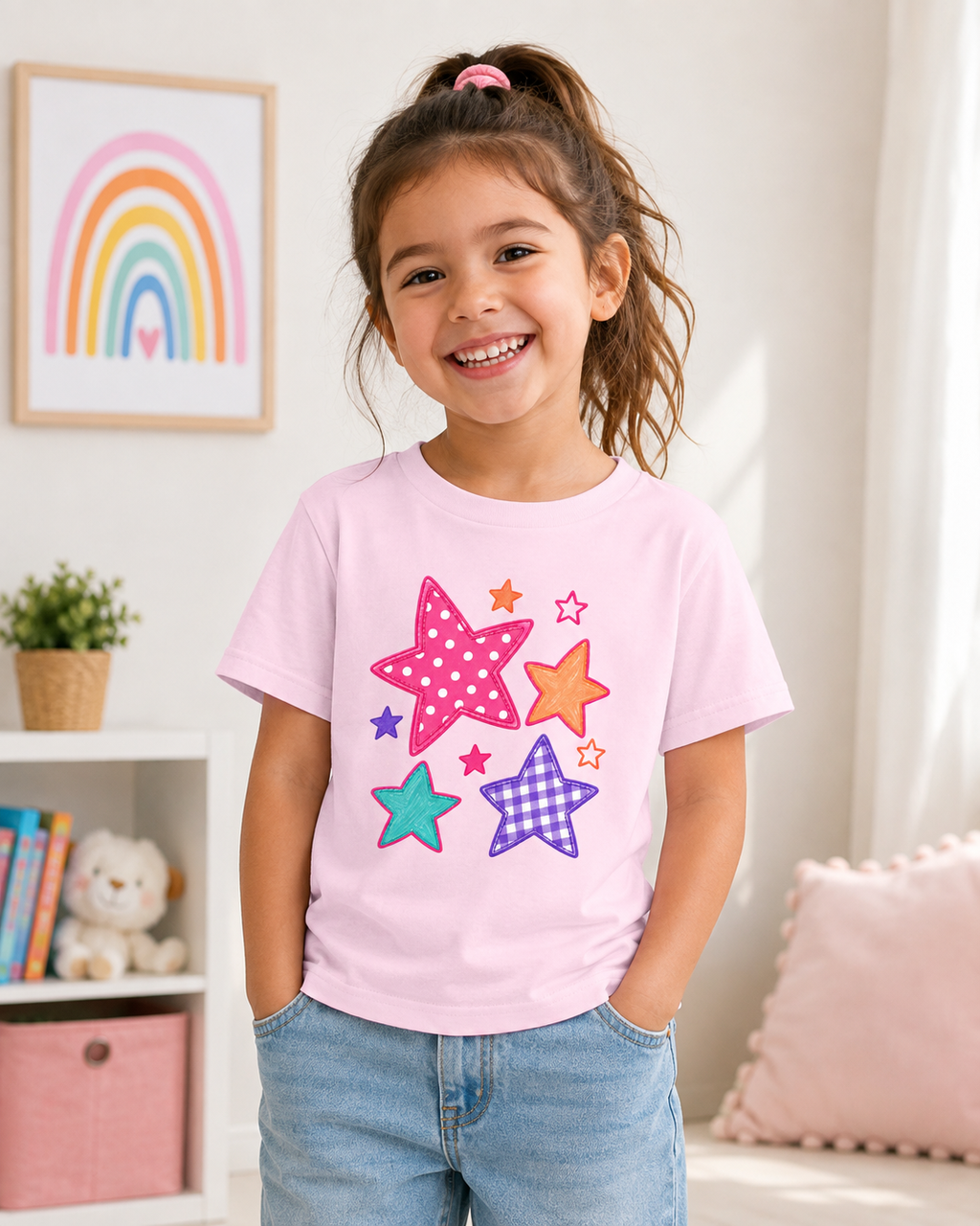 Patchwork Stars Girls’ Tee – Colorful Pastel Star Shirt