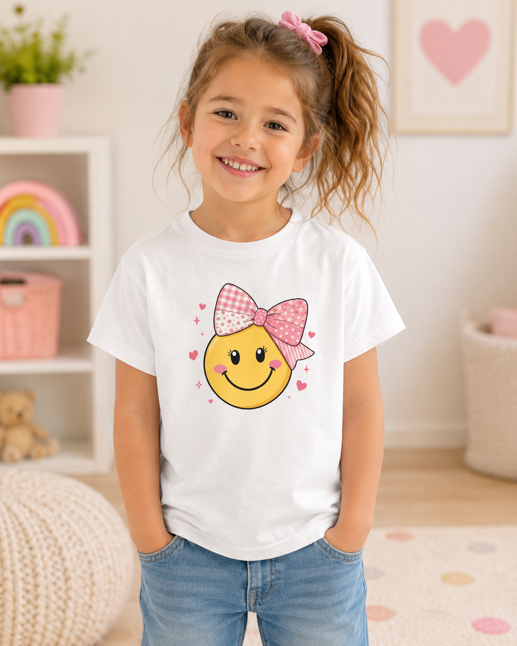 Sweet Smile Bow Girls’ Tee – Cute Patchwork Bow Smiley Shirt