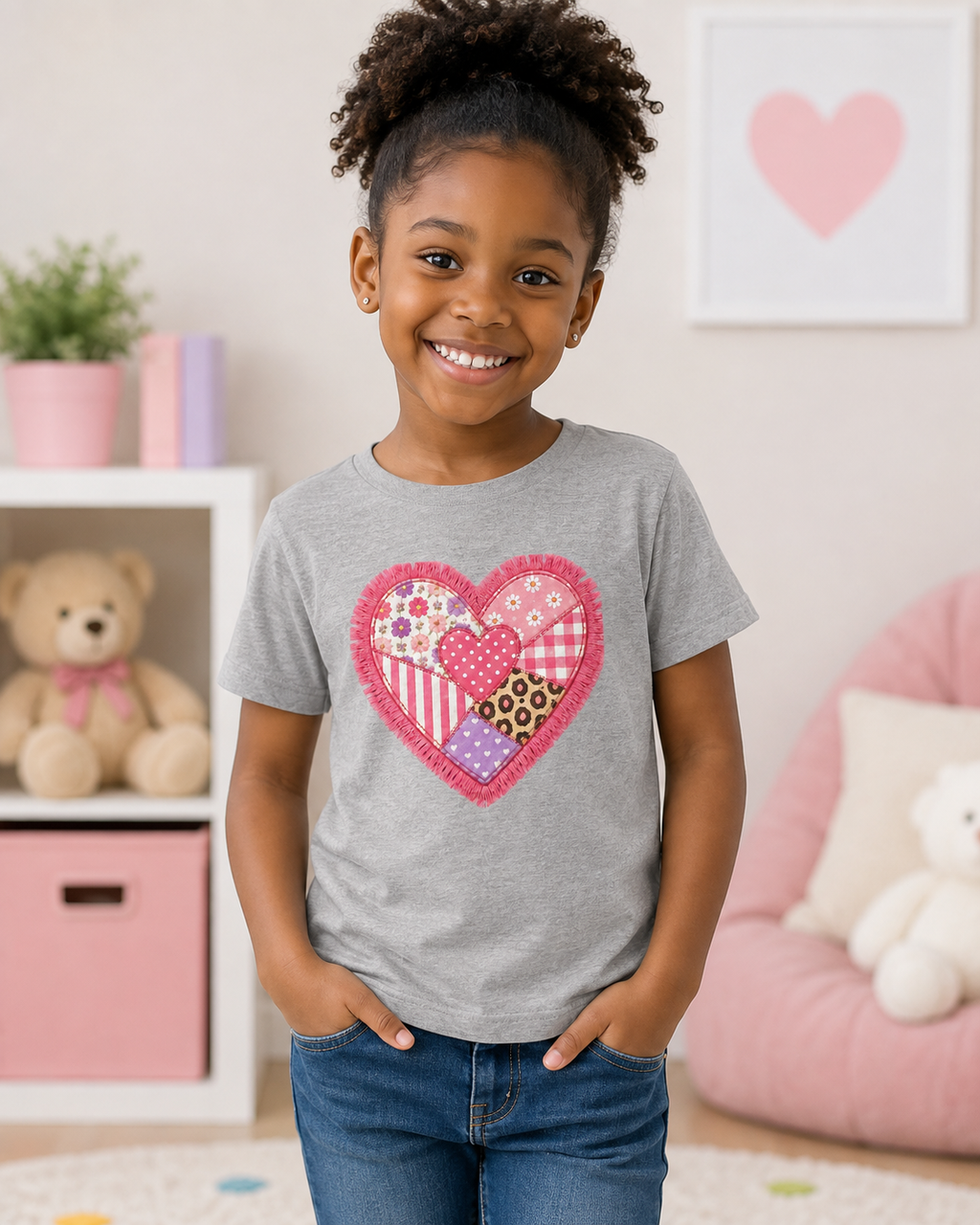 Patchwork Heart Girls’ Tee – Sweet Mixed-Print Heart Shirt