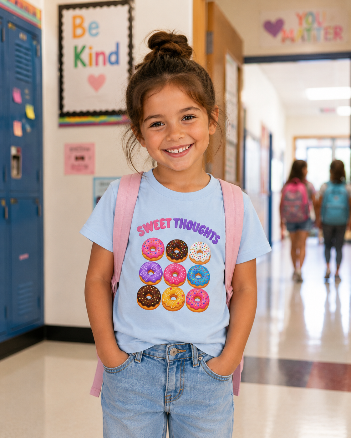Sweet Thoughts Donut Girls’ Tee – Colorful Sprinkle Donut Shirt