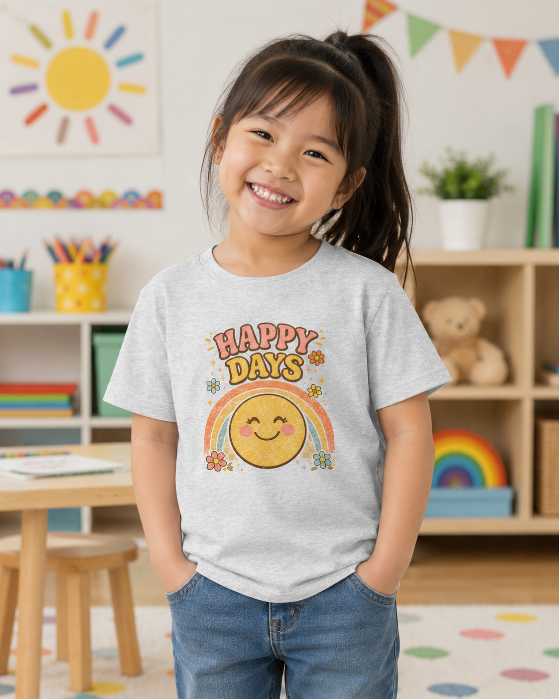 Happy Days Girls’ Tee – Retro Smiley Rainbow Shirt