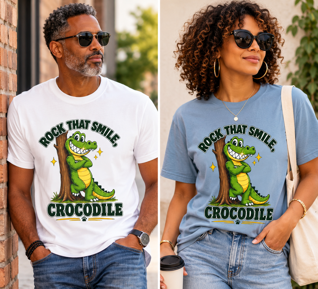Rock That Smile Crocodile Adult Tee – Fun Graphic Crocodile Shirt