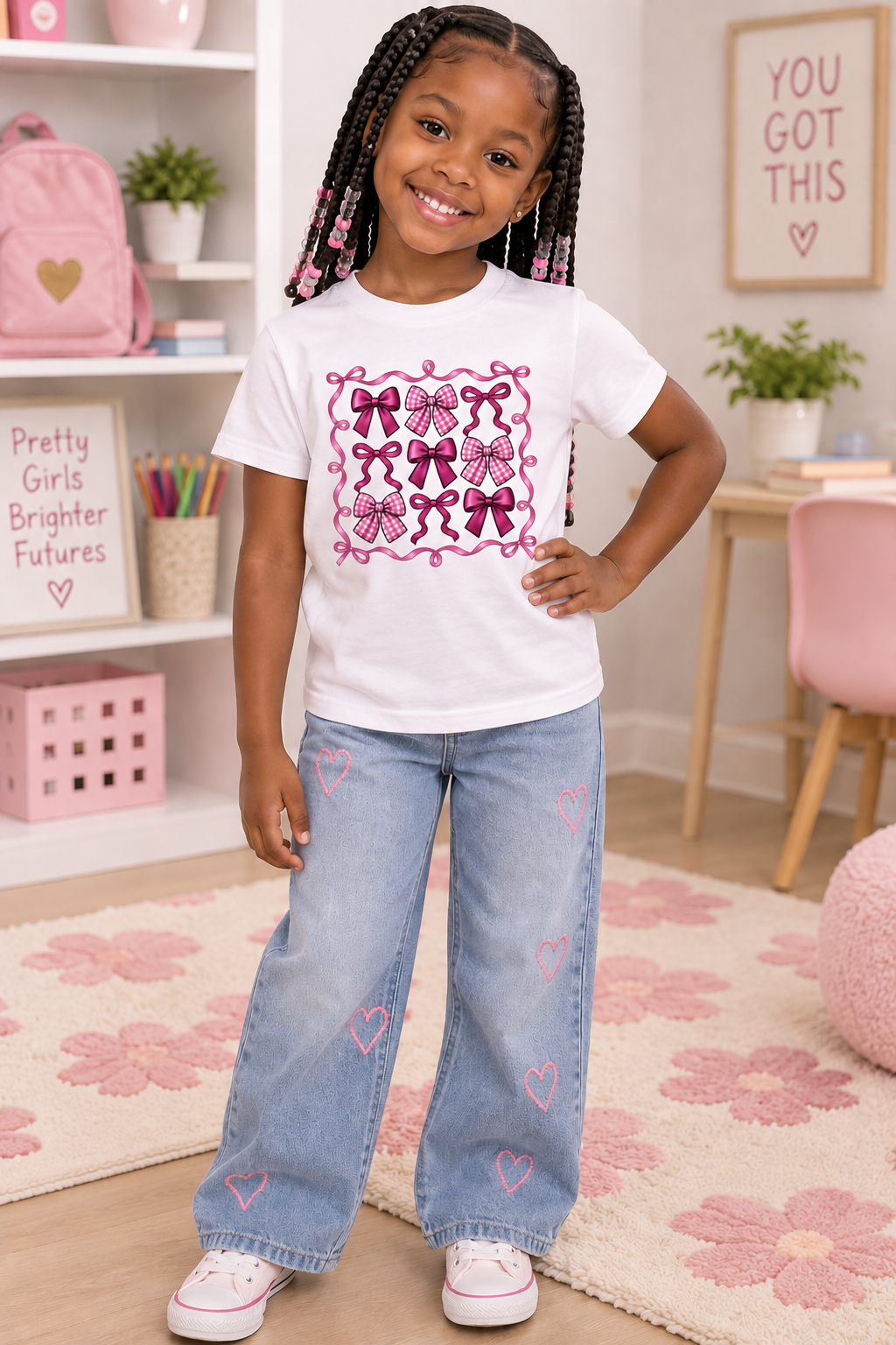 Pretty in Bows Girls’ Tee – Pink Ribbon Grid Shirt
