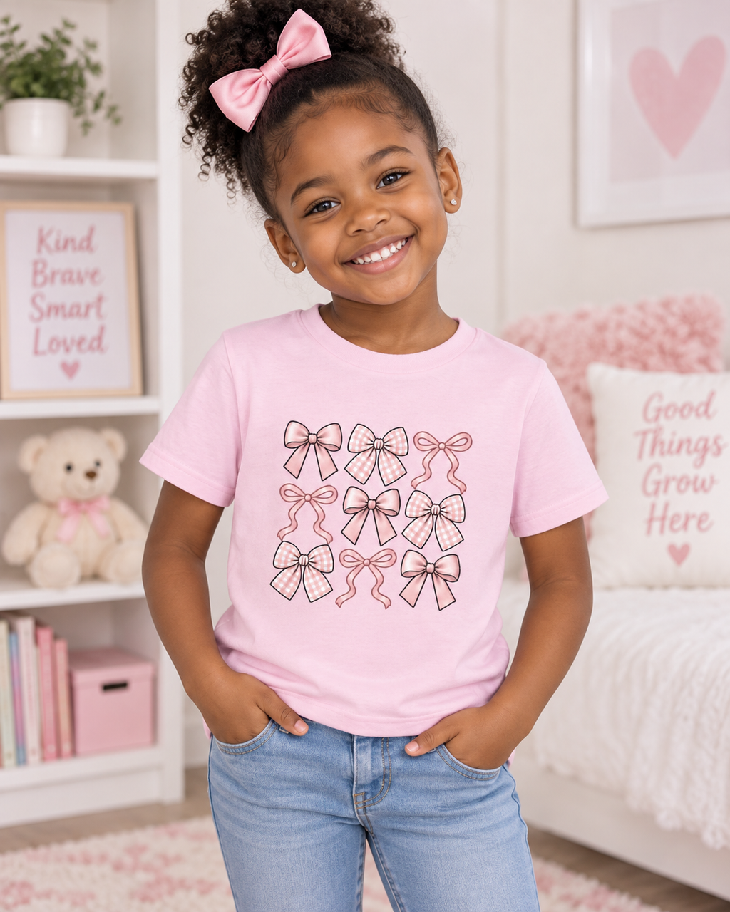 Pretty in Bows Girls’ Tee – Pink Ribbon Grid Shirt
