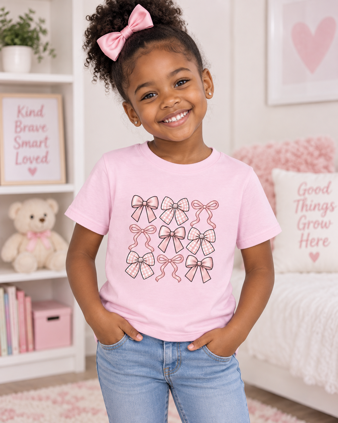 Pretty in Bows Girls’ Tee – Pink Ribbon Grid Shirt