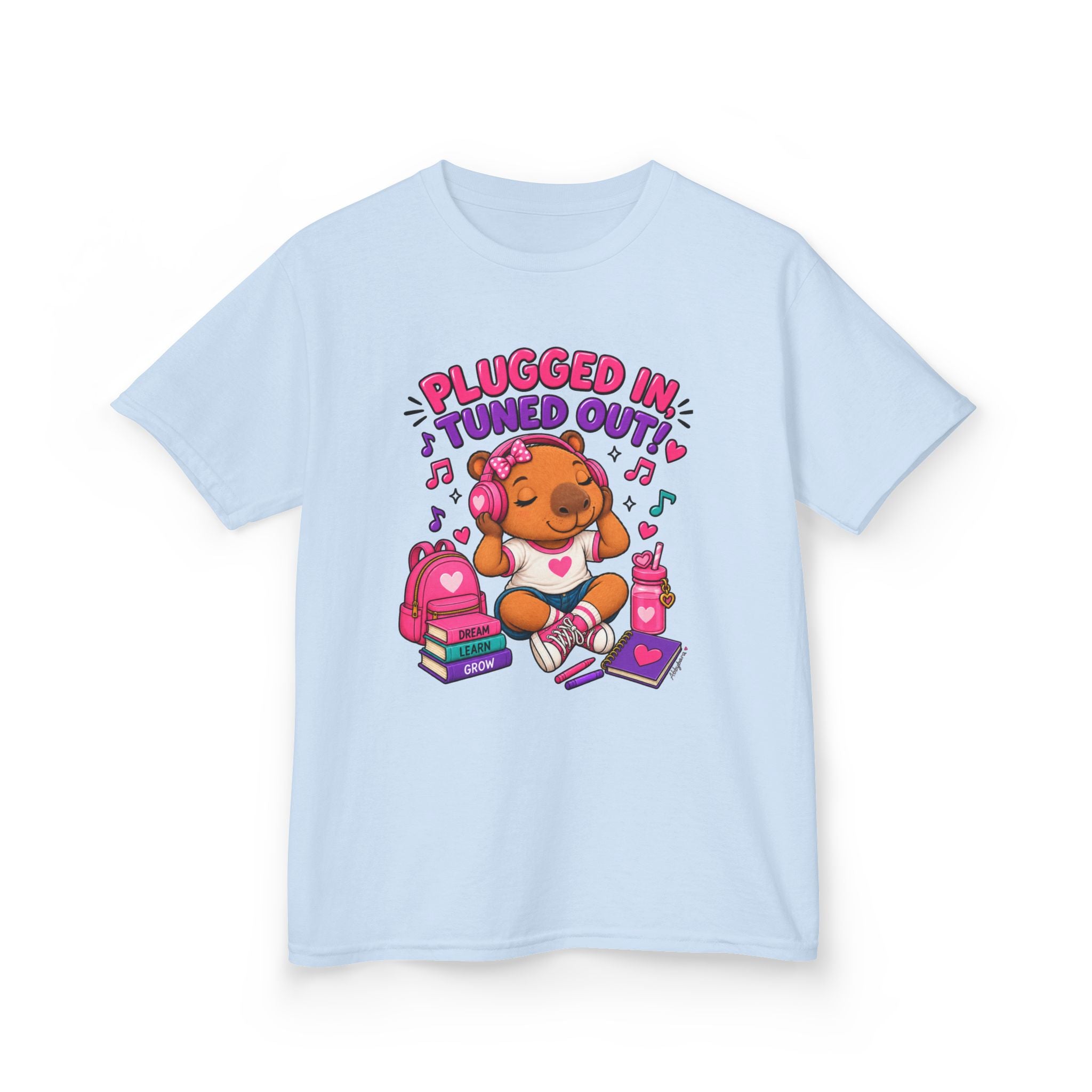 Abbybara™ “Plugged In, Tuned Out” Girls T-Shirt | Cute Capybara School Shirt | Back-to-School Graphic Tee
