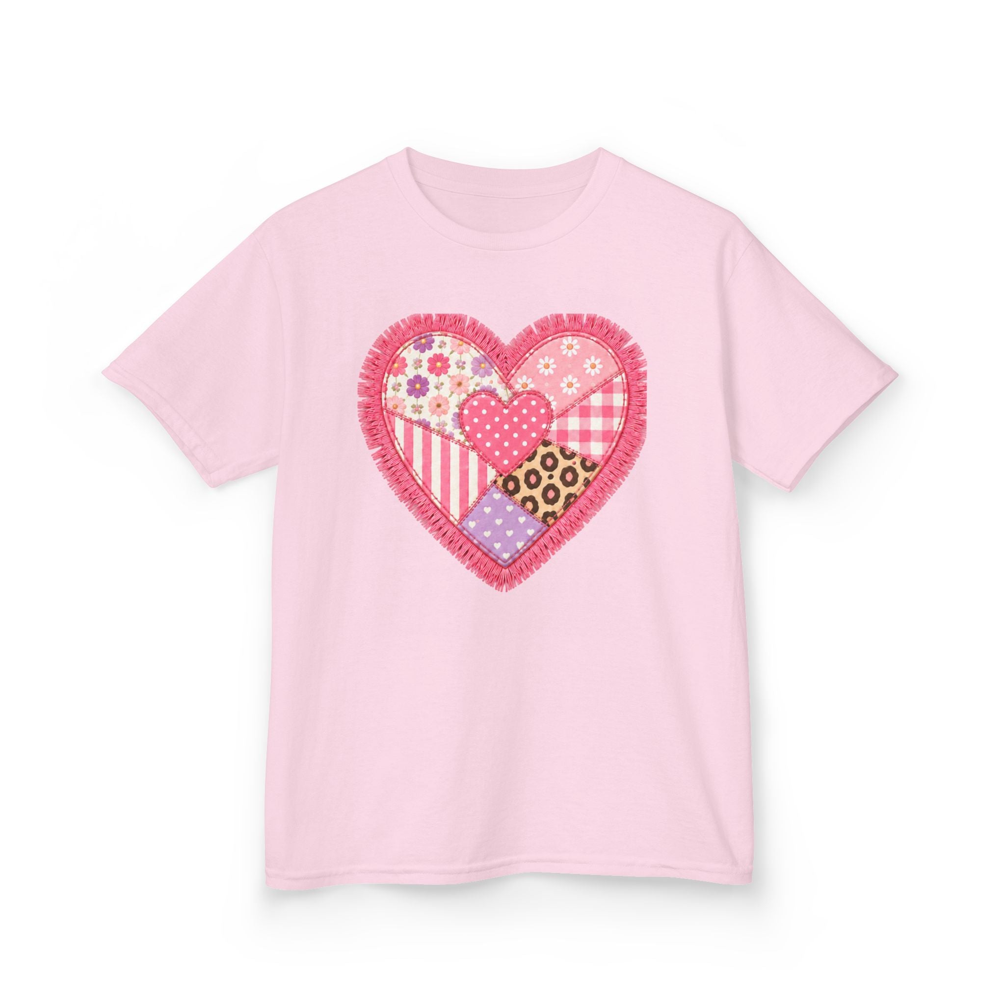 Patchwork Heart Girls’ Tee – Sweet Mixed-Print Heart Shirt