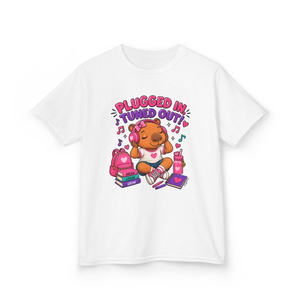 Abbybara™ “Plugged In, Tuned Out” Girls T-Shirt | Cute Capybara School Shirt | Back-to-School Graphic Tee