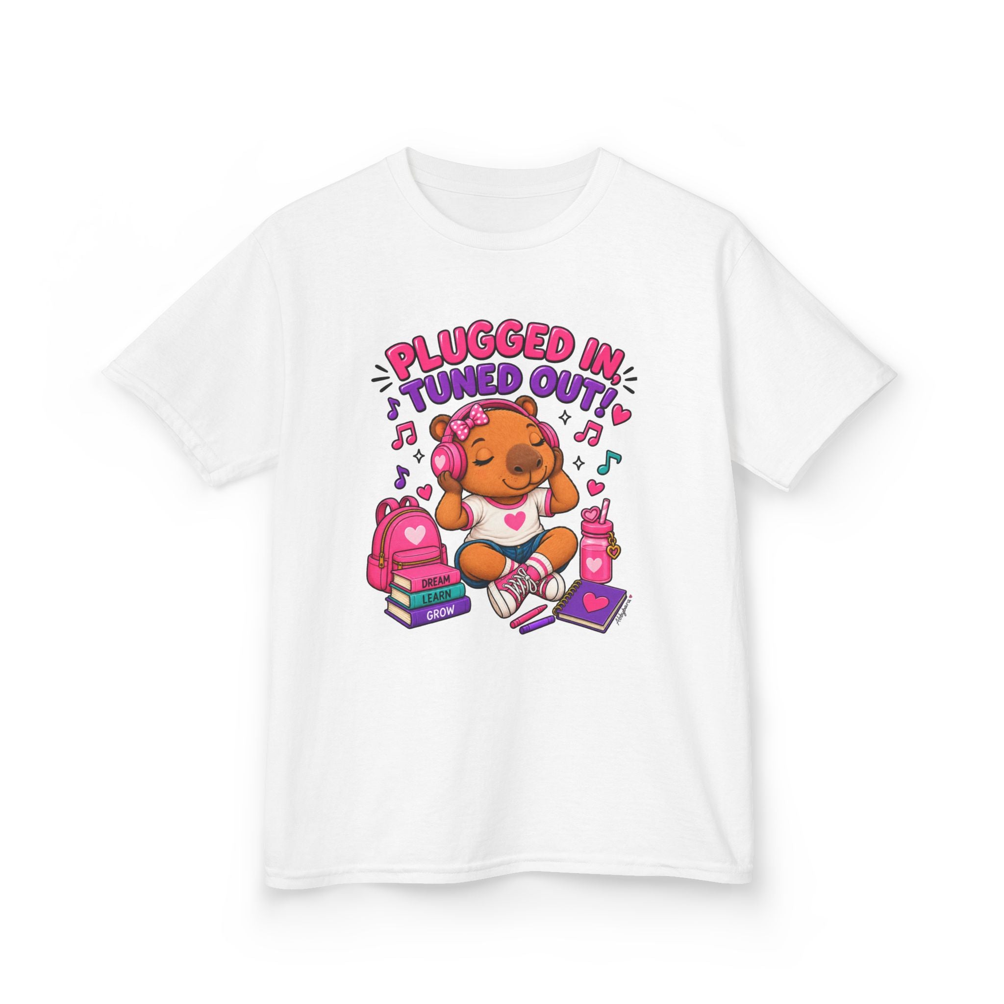 Abbybara™ “Plugged In, Tuned Out” Girls T-Shirt | Cute Capybara School Shirt | Back-to-School Graphic Tee