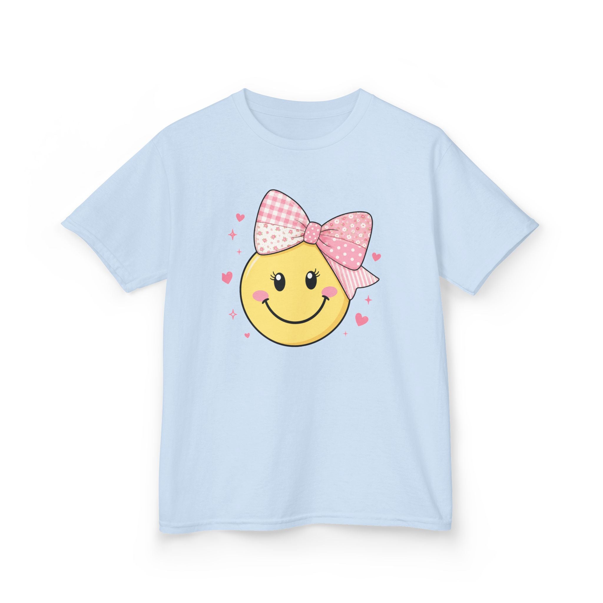 Sweet Smile Bow Girls’ Tee – Cute Patchwork Bow Smiley Shirt