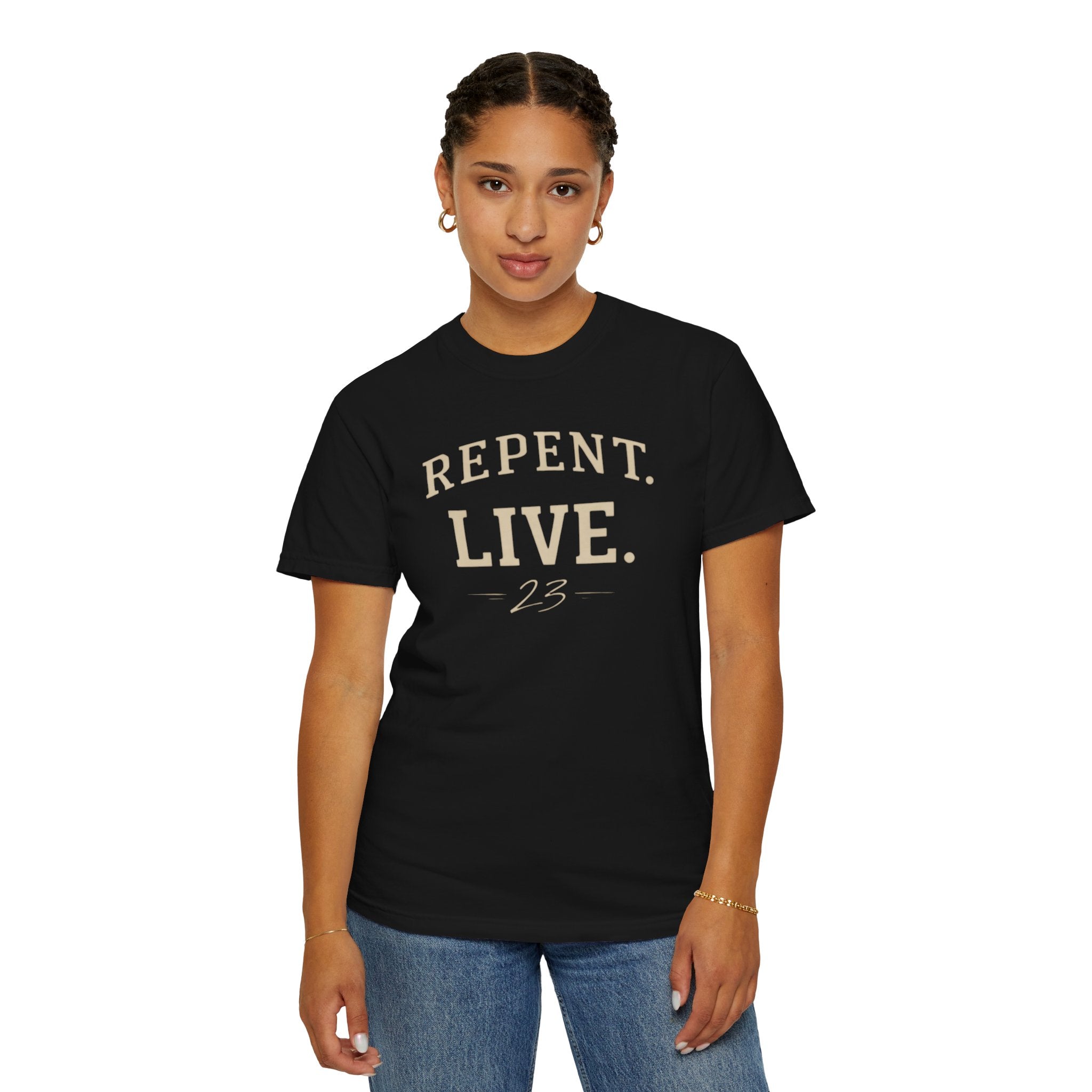 REPENT. LIVE. Faith T-Shirt — Bold Minimal Christian Tee