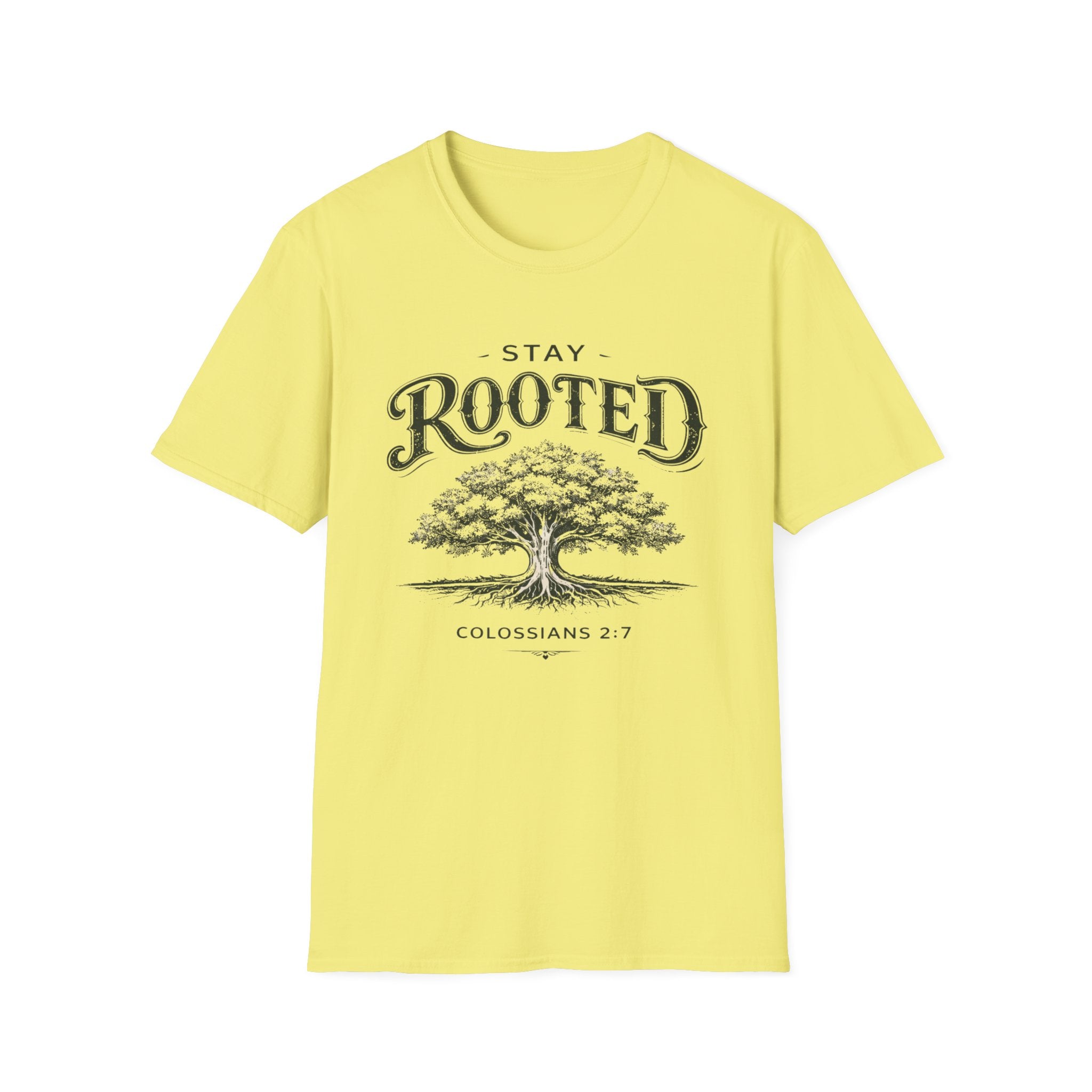 Stay Rooted Tree T-Shirt — Colossians 2:7 Scripture Tee