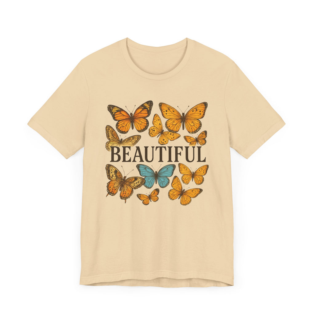 T-Shirt - 'BEAUTIFUL' Yellow Butterfly Design Short Sleeve Tee