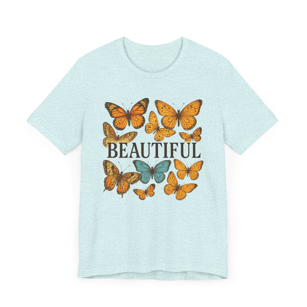 T-Shirt - 'BEAUTIFUL' Yellow Butterfly Design Short Sleeve Tee