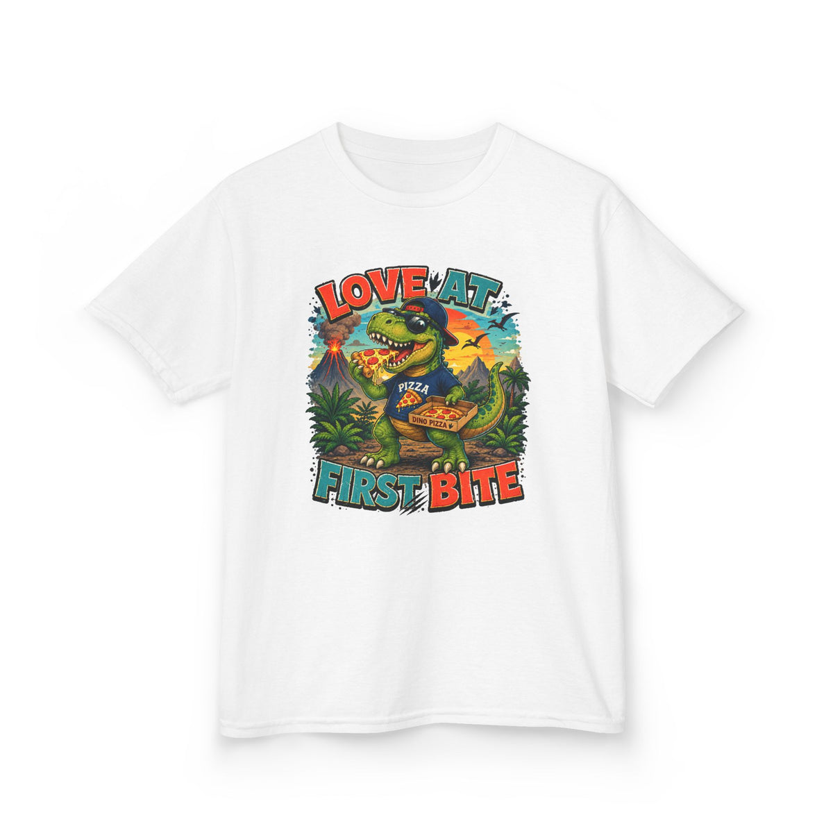 Love at First Bite Dinosaur Pizza Kids T-Shirt