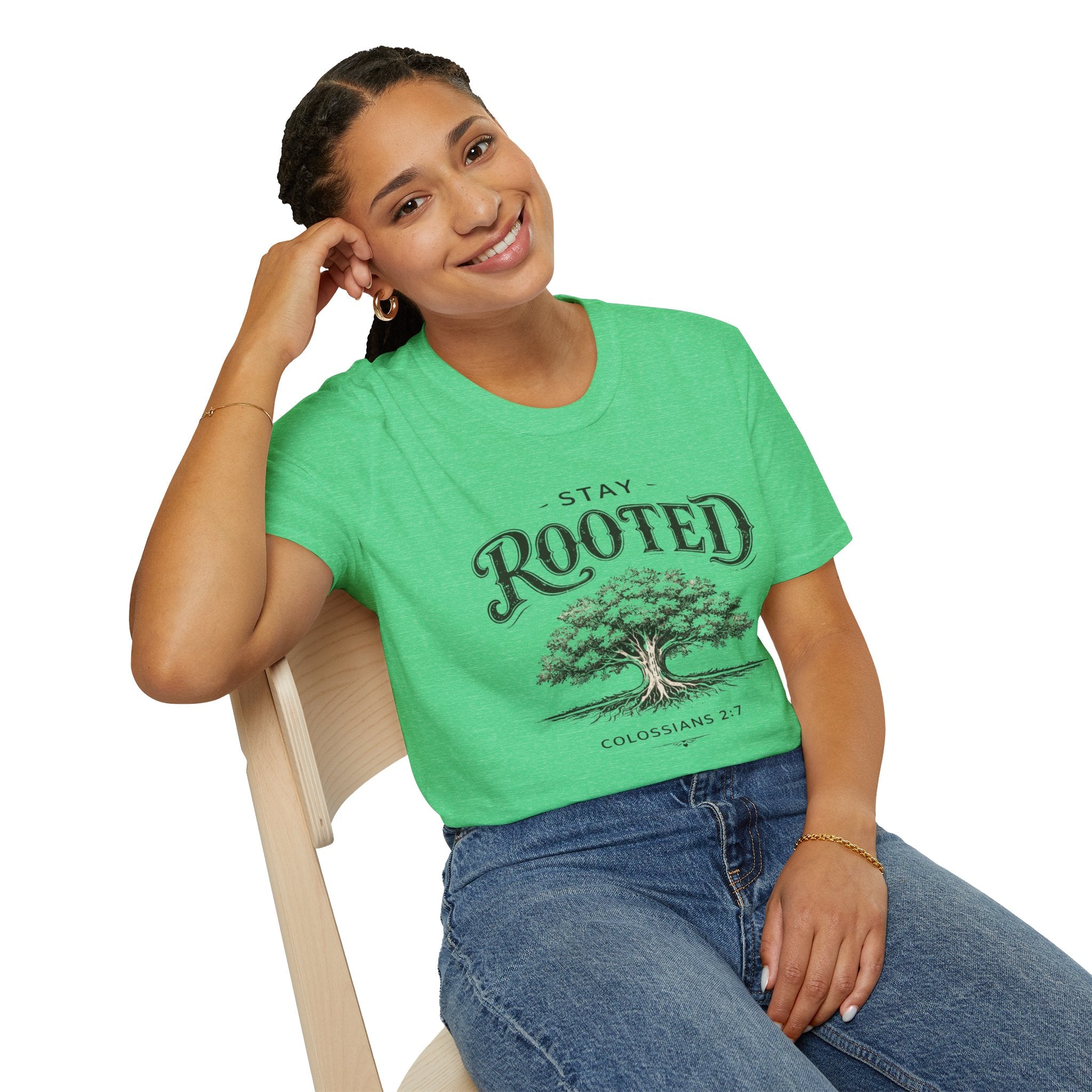 Stay Rooted Tree T-Shirt — Colossians 2:7 Scripture Tee