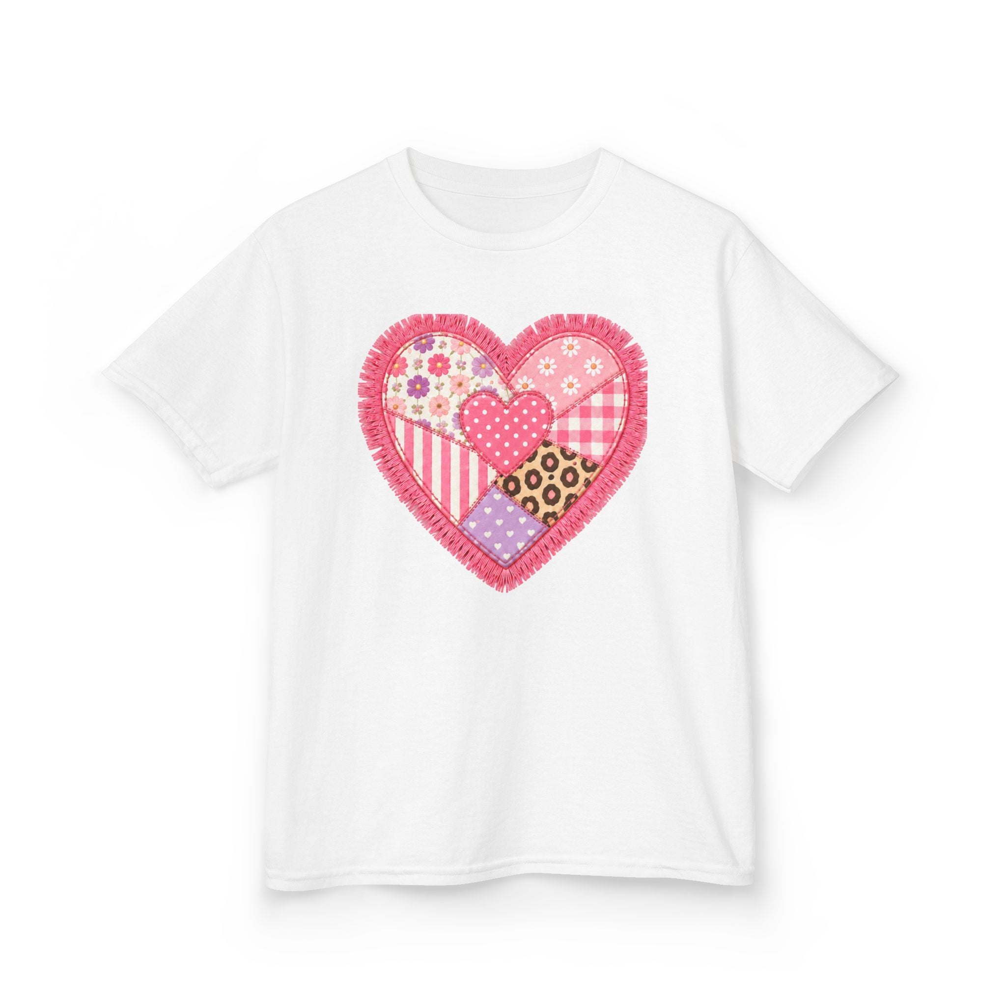 Patchwork Heart Girls’ Tee – Sweet Mixed-Print Heart Shirt