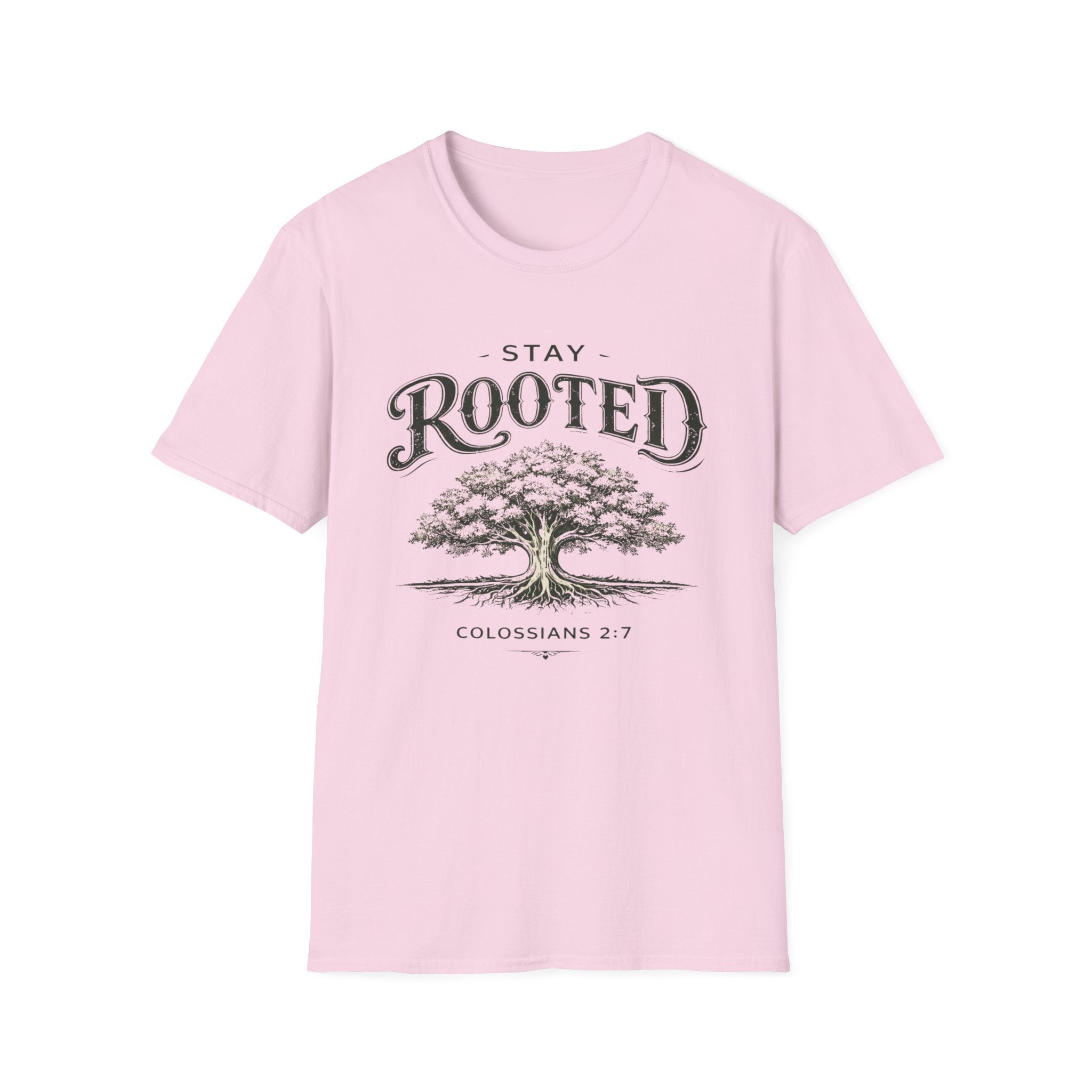 Stay Rooted Tree T-Shirt — Colossians 2:7 Scripture Tee