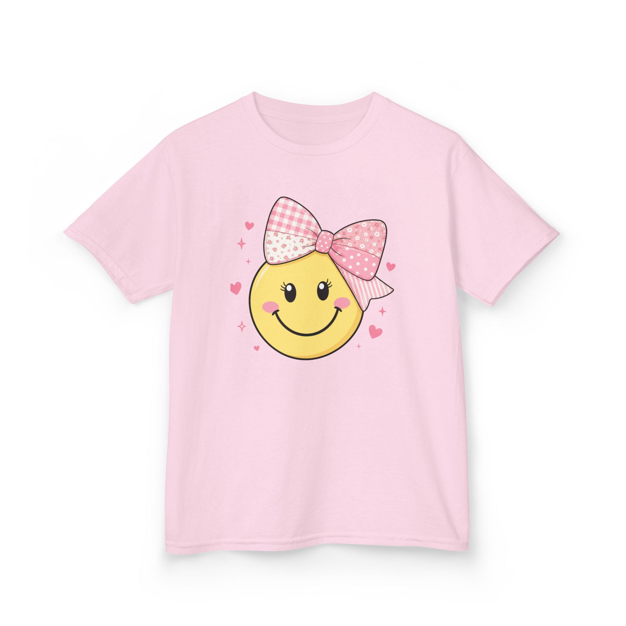 Sweet Smile Bow Girls’ Tee – Cute Patchwork Bow Smiley Shirt