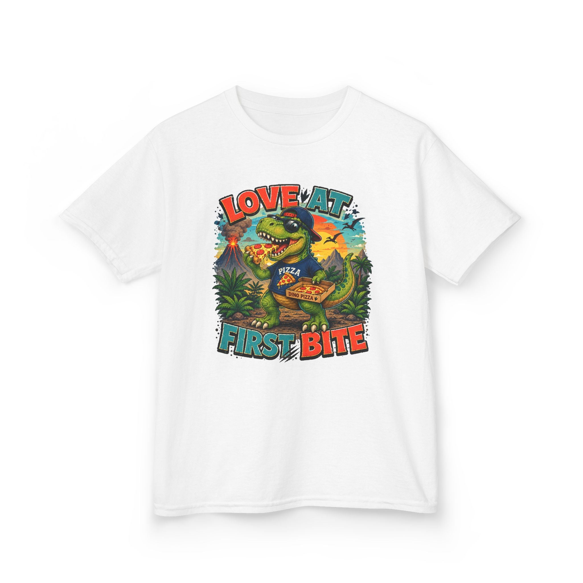 Love at First Bite Dinosaur Pizza Kids T-Shirt