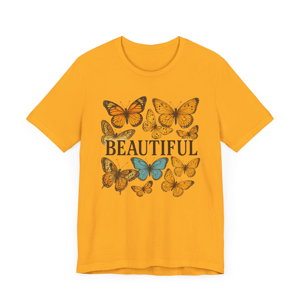 T-Shirt - 'BEAUTIFUL' Yellow Butterfly Design Short Sleeve Tee