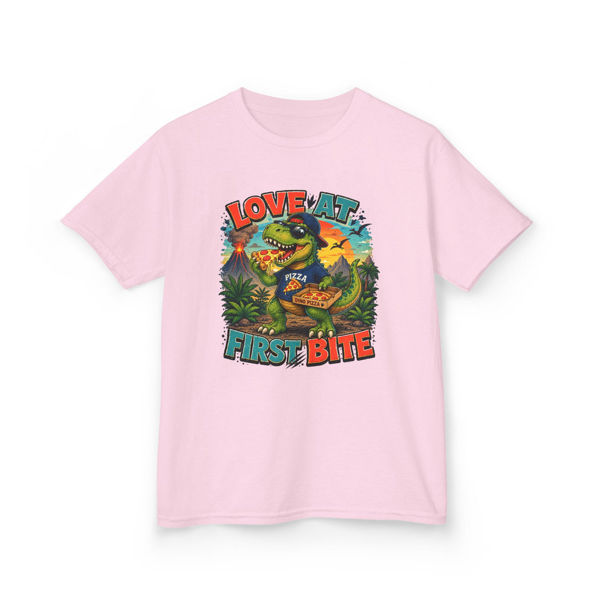 Love at First Bite Dinosaur Pizza Kids T-Shirt