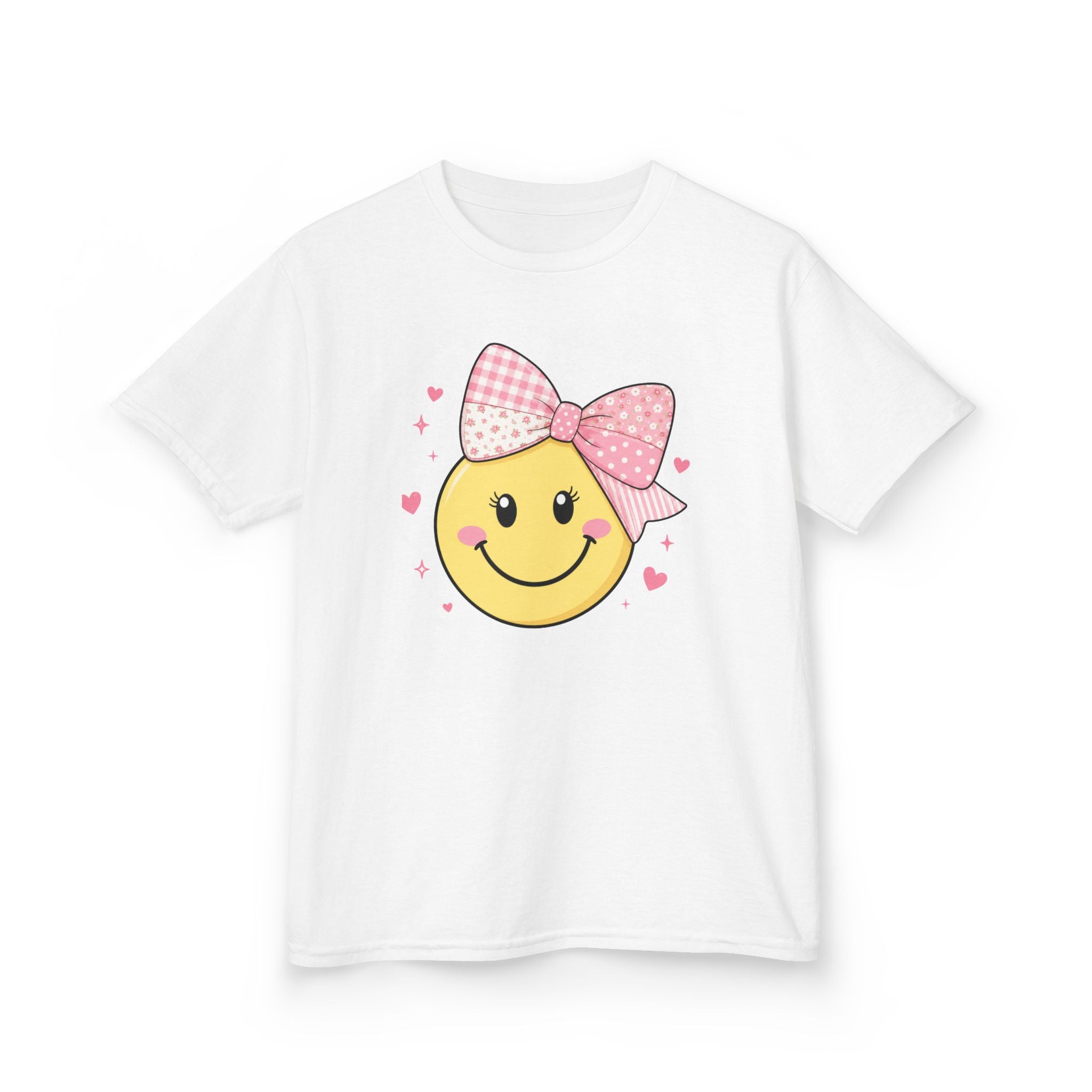 Sweet Smile Bow Girls’ Tee – Cute Patchwork Bow Smiley Shirt